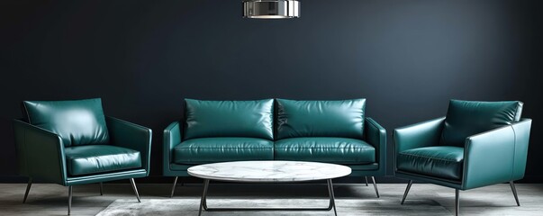 A modern living room with a sleek teal leather sofa and matching armchair set against a dark graphite wall
