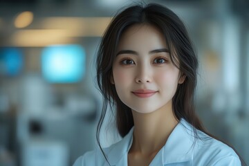 Naklejka premium compassionate asian female doctor in modern medical facility soft natural lighting holographic medical displays clean minimal aesthetic