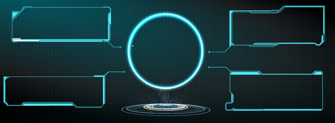 Futuristic digital interface elements glowing with blue neon light and circular center display offering high-tech design options.