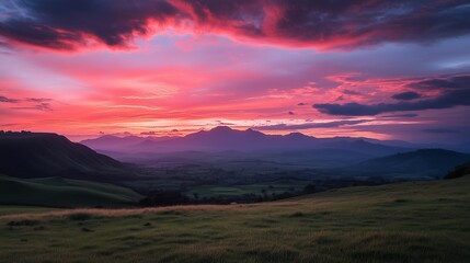 Obraz premium Beautiful sunset over mountains and hills of pastures and farms in Kisoro, Uganda, with a colorful sky and incredible landscape