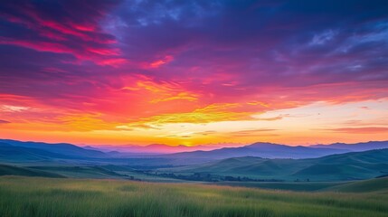 Obraz premium Beautiful sunset over mountains and hills of pastures and farms in Kisoro, Uganda, with a colorful sky and incredible landscape