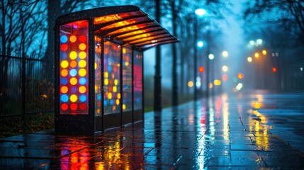 Obraz premium Rainy night bus stop, colorful lights, city street, reflections, urban transport
