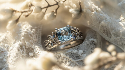 Fototapeta premium A handmade platinum ring featuring a square-cut aquamarine centerpiece, framed by detailed olive branch engravings, paired with a cluster of tiny sapphire accents. The ring is placed on a vintage lace