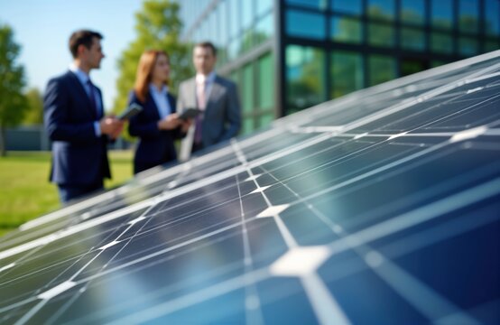 Business people discuss sustainable energy solutions beside solar panels near modern office building. Sunny day. Professionals examine eco-friendly energy options. Partnership, future, sustainable