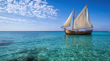 Fototapeta premium Traditional wooden sailboat on calm turquoise sea under a bright blue sky.