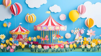 Obraz premium Papercraft Carousel Scene with Balloons and Flowers