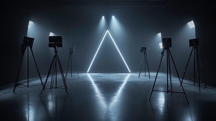 Dark studio with triangle neon light and lighting equipment.
