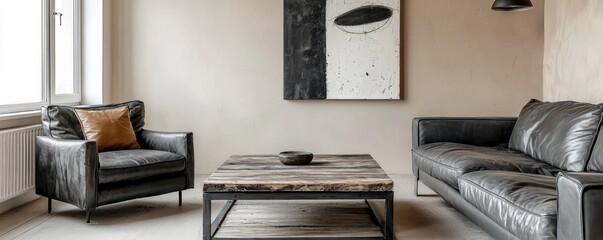 A modern minimalist living room featuring a charcoal grey leather sofa and an armchair