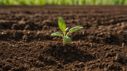 New Life Sprouting, Delicate Green Seedling bravely pushes through rich, dark soil, symbol of growth, resilience, and new beginnings. Its tiny leaves reach towards the sunlight.