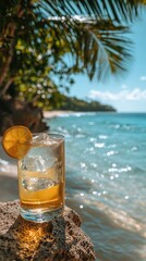 Refreshing drink on a sunny beach with clear waters and palm trees in the background