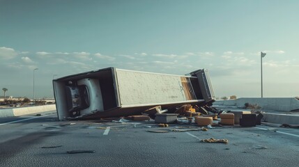 Overturned cargo truck on highway, scattered debris.