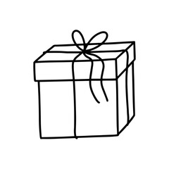 Hand drawn vector gift box wrapped in ribbon with bow. Simple image of Christmas present. Doodle illustration