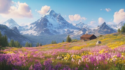 Idyllic mountain scenery in the Alps with blooming meadows in springtime