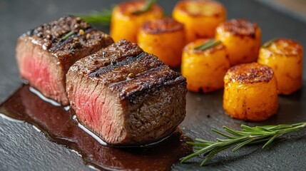 Grilled steak served with caramelized squash on a black slate plate in a cozy dining setting