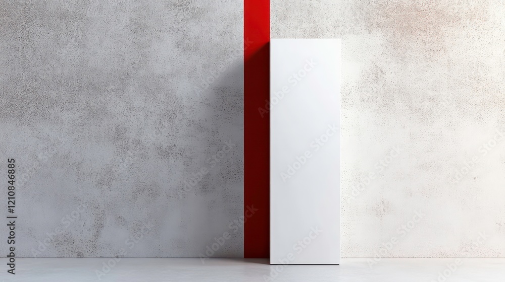 Poster white rectangular display stand against textured wall with red stripe.