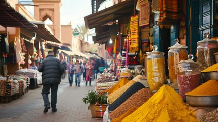 Obraz premium The Spice Market in Marrakech is a lively place with colorful spices, reflecting Moroccos vibrant culture