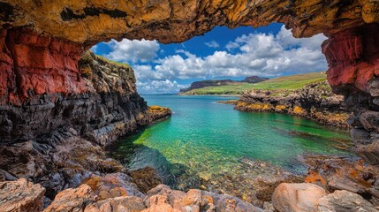 Coastal cave scenic view, clear water, island backdrop, summer sky