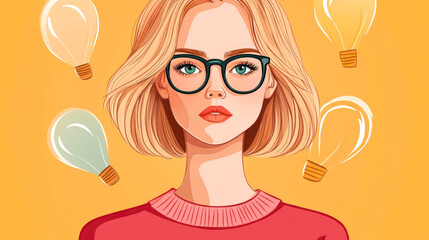 Creative birthday card featuring an adult woman with light hair and glasses, illuminated by glowing lightbulbs, radiating inspiration and joy
