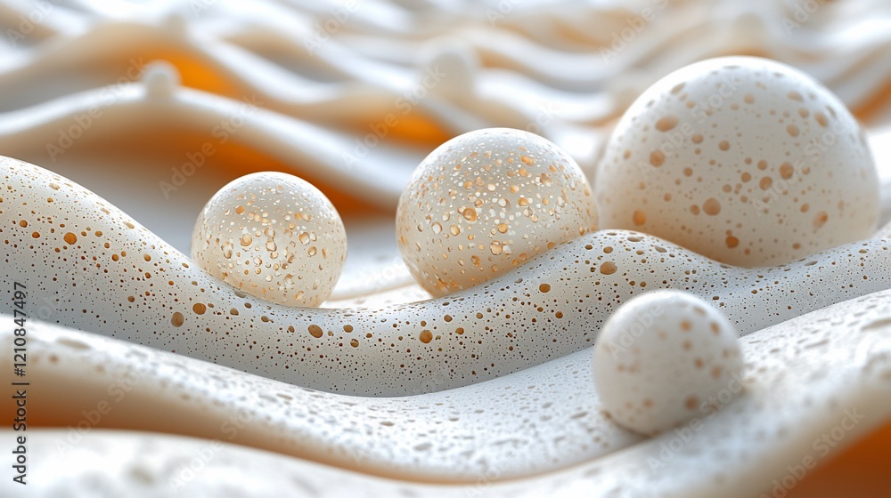 Poster abstract beige porous spheres on undulating surface.