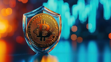 Golden Bitcoin shielded, symbolizing cryptocurrency security and investment growth.