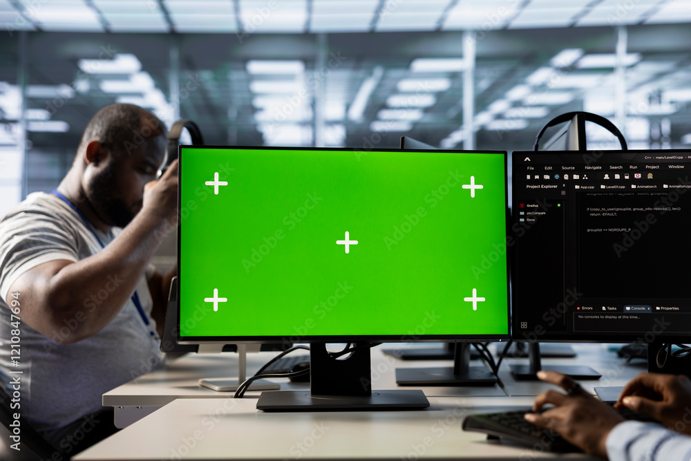 Poster data center expert using green screen pc to write disaster recovery plans ensuring minimal downtime.