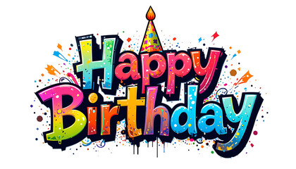 Happy birthday Colorful graffiti style texting with celebration cap on white background