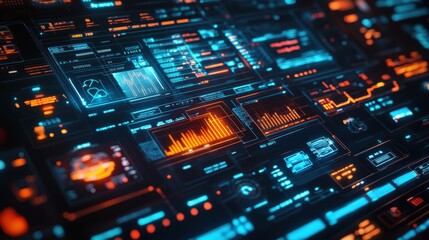 Fototapeta premium Futuristic interface featuring glowing charts, graphs, and metrics for complex data analysis and real time monitoring in a dark, high tech environment