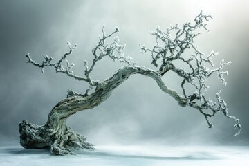 A snow-covered, ancient tree bends gracefully in a misty winter landscape.