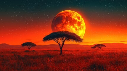 Red moon rising over acacia trees in the savanna at sunset