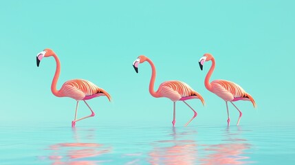 Obraz premium Wild african birds. Group birds of pink african flamingos walking around the blue lagoon on a sunny day