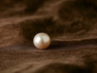 Lustrous single pearl resting on a dark textured surface with soft reflections and warm tones