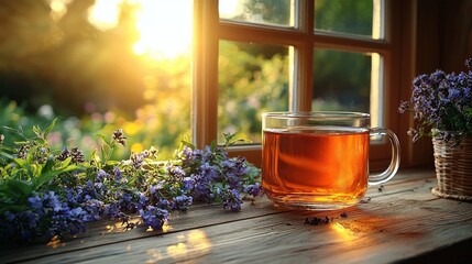 Warm tea beside blooming flowers in a sunlit window setting
