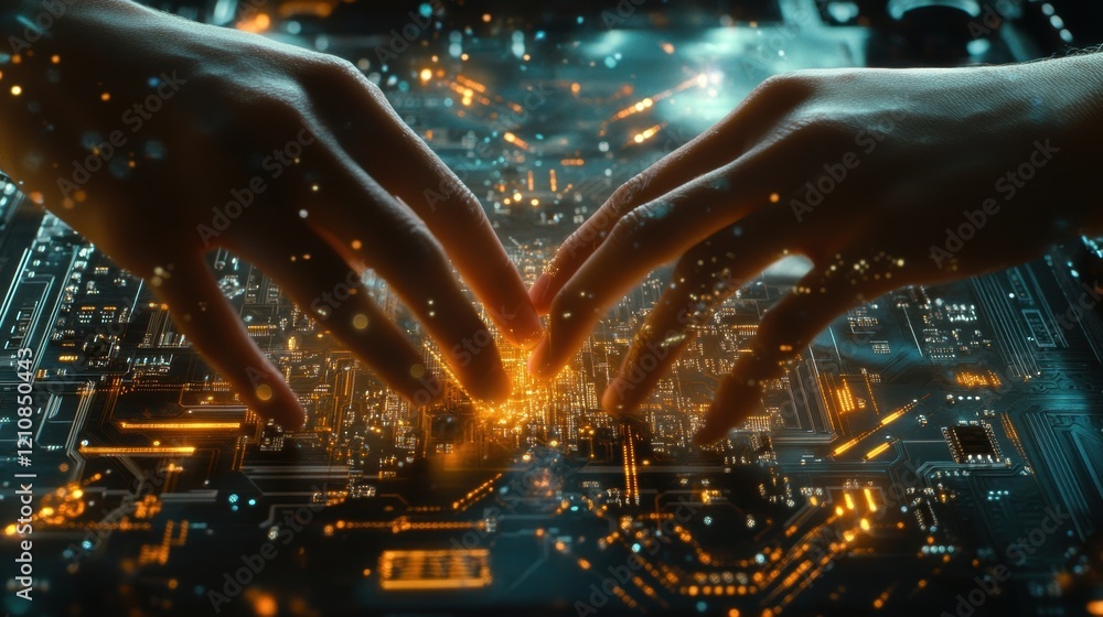 Poster engineers are touching a futuristic printed circuit board - pcb - , exploring emerging technologies 