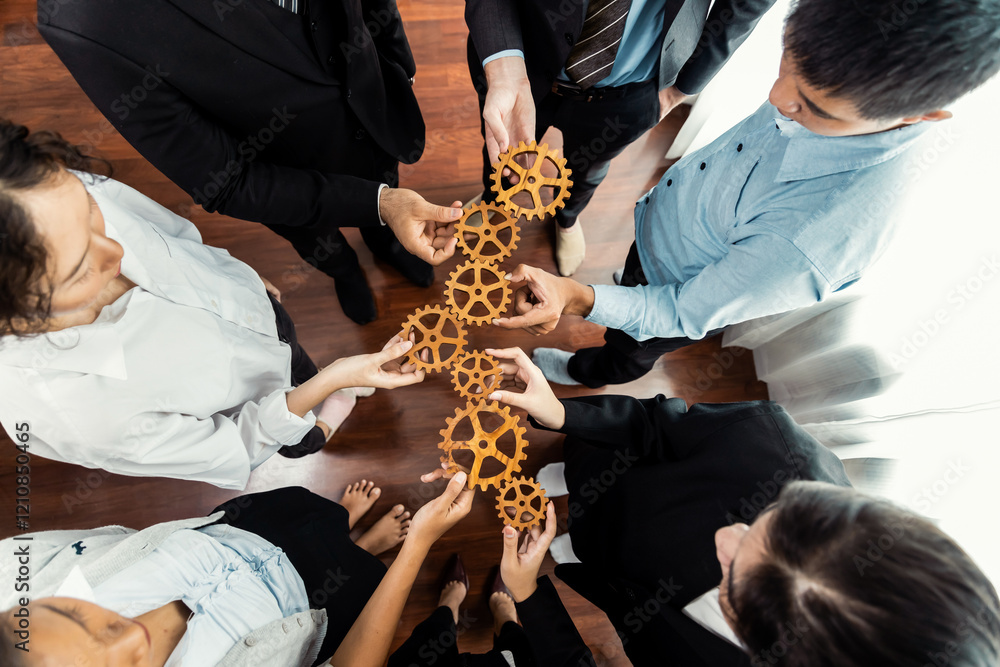 Poster group of multiracial business people joining gear wheels together as effective unity and productive 