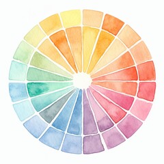 Obraz premium A detailed watercolor color wheel displays a gradient of vibrant hues arranged in segments, set against a clean white background emphasizing the rich textures