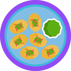 A popular Indian street food consisting of crispy puris filled with a spicy, tangy water, potatoes, chickpeas, and tamarind chutney.