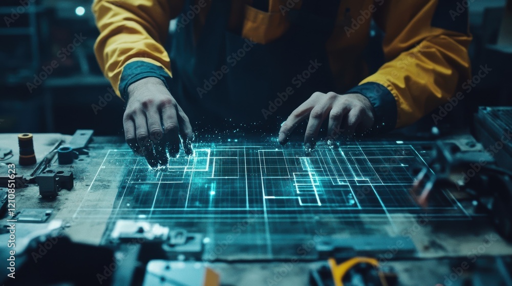 Poster engineer using an augmented reality interface on a futuristic circuit board, working on a complex pr