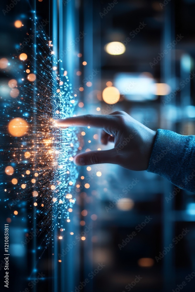 Poster person interacts with digital screen displaying glowing data points in a modern tech environment dur