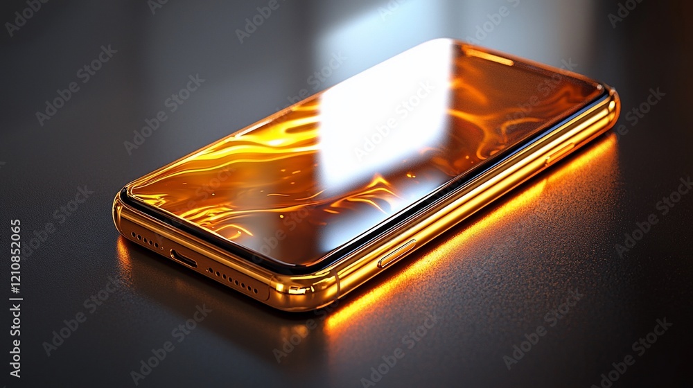 Poster Golden smartphone with fiery abstract screen reflection on dark surface.