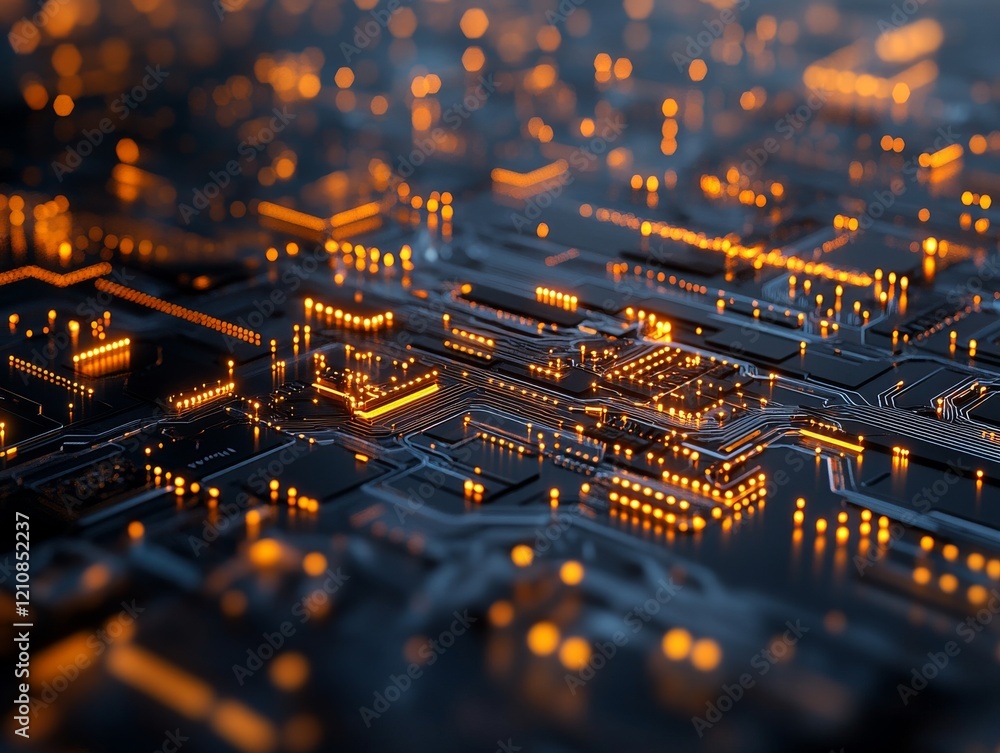 Poster intricate patterns of glowing circuits illuminated in a dark environment showcasing advanced technol