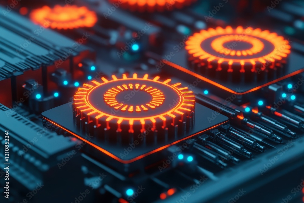 Poster close-up of a futuristic circuit board with illuminated components. technology meets innovation in t