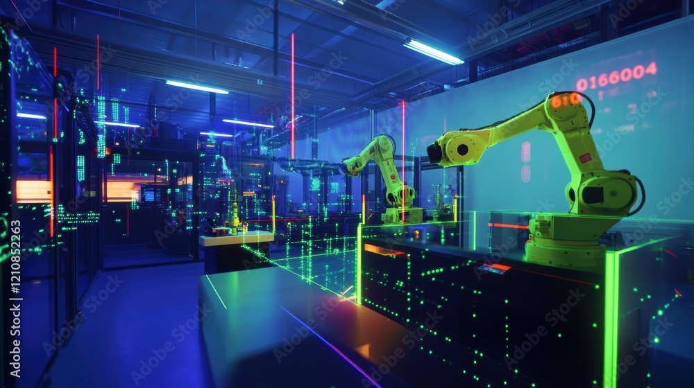 Poster two robotic arms working in a high tech facility, featuring augmented reality and surrounded by serv