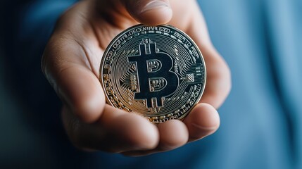 Hand holding a Bitcoin, symbolizing cryptocurrency and digital finance.