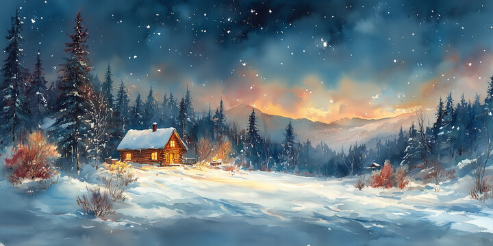 A painting of a snowy landscape with a cabin in the distance. The cabin is surrounded by trees and the sky is filled with stars. The mood of the painting is peaceful and serene