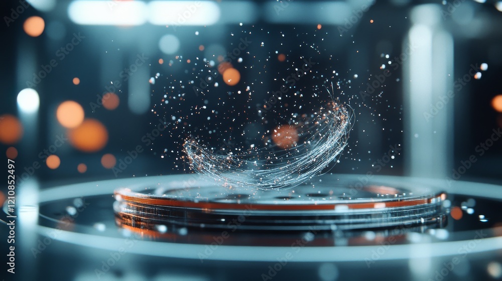 Poster elegant swirling particles create a mesmerizing display in a futuristic setting within a darkened la
