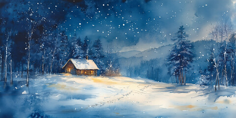 A painting of a snowy landscape with a cabin in the distance. The cabin is surrounded by trees and the sky is filled with stars. The mood of the painting is peaceful and serene