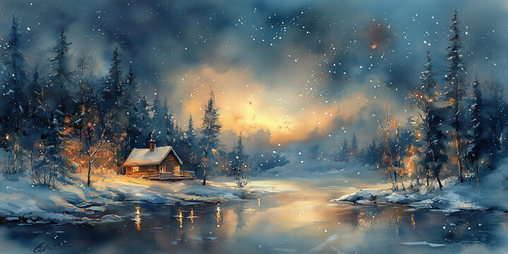A painting of a snowy landscape with a cabin in the distance. The cabin is surrounded by trees and the sky is filled with stars. The mood of the painting is peaceful and serene