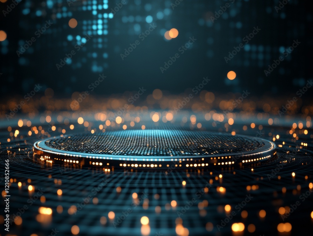 Poster abstract digital backdrop with glowing lights and a textured circular platform for futuristic design