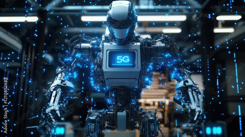 Poster advanced humanoid robot integrating 5g technology in a high tech industrial setting, surrounded by d