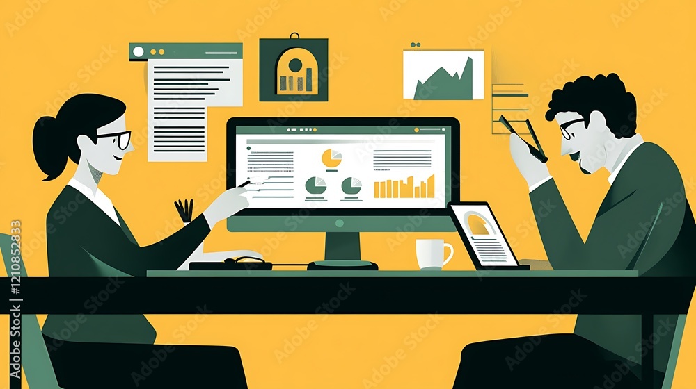 Poster business colleagues analyzing data on computer screen